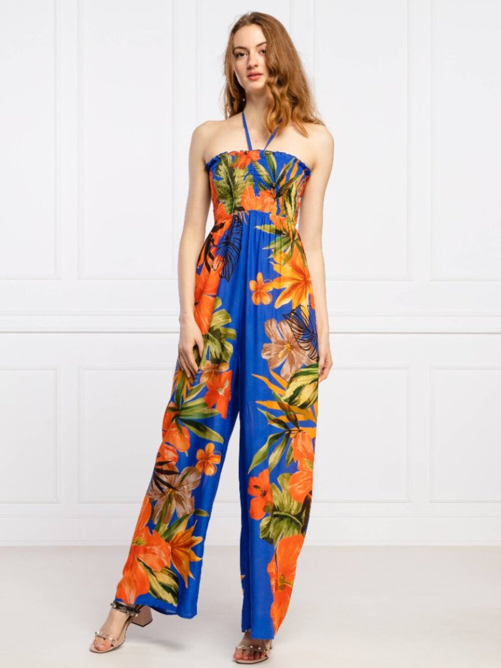 Desigual Tropical Floral Wide Leg Jumpsuit | Size S | Smocked | Boho Resort